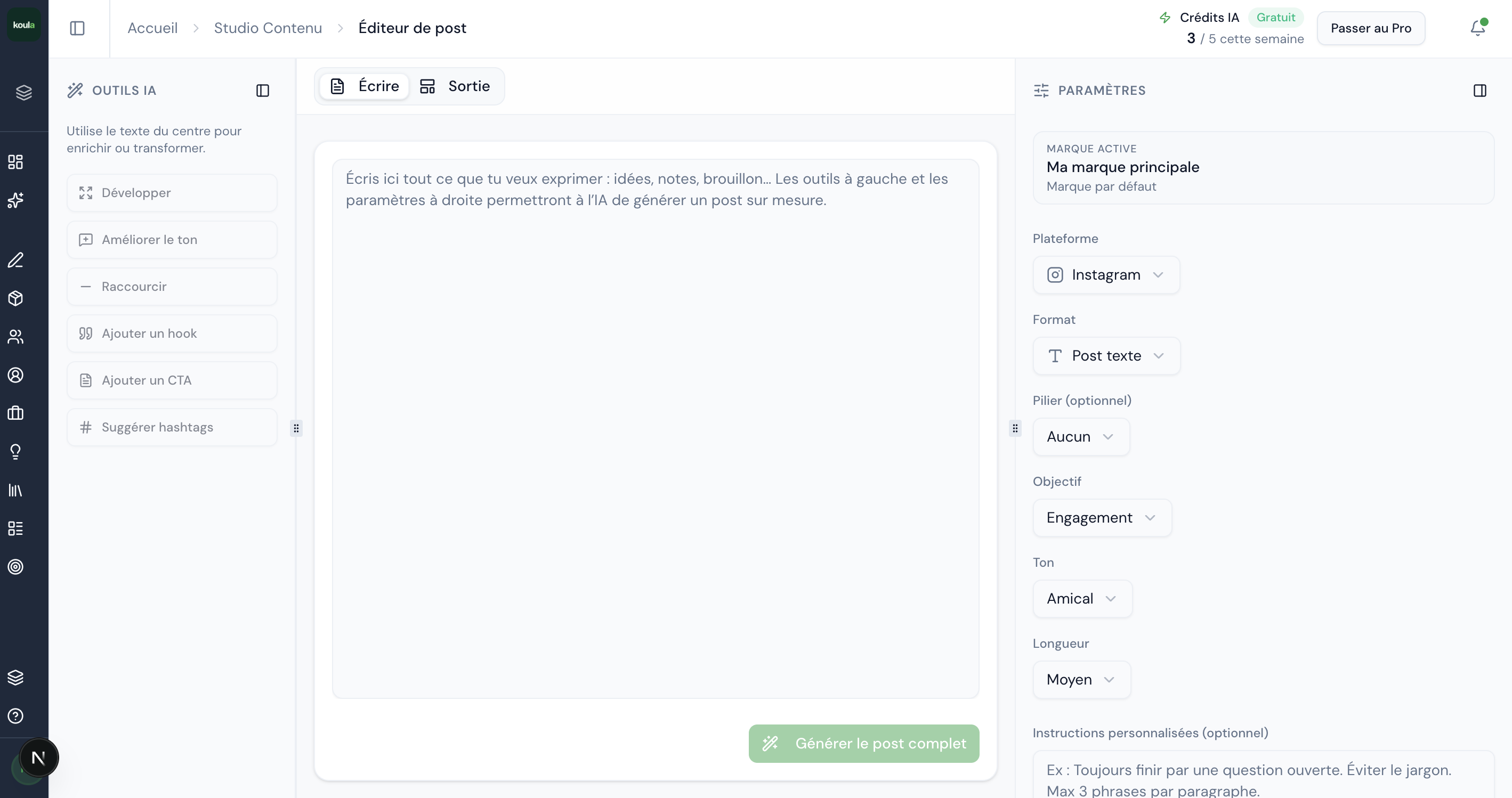 Éditeur de posts et contenu Koula Studio